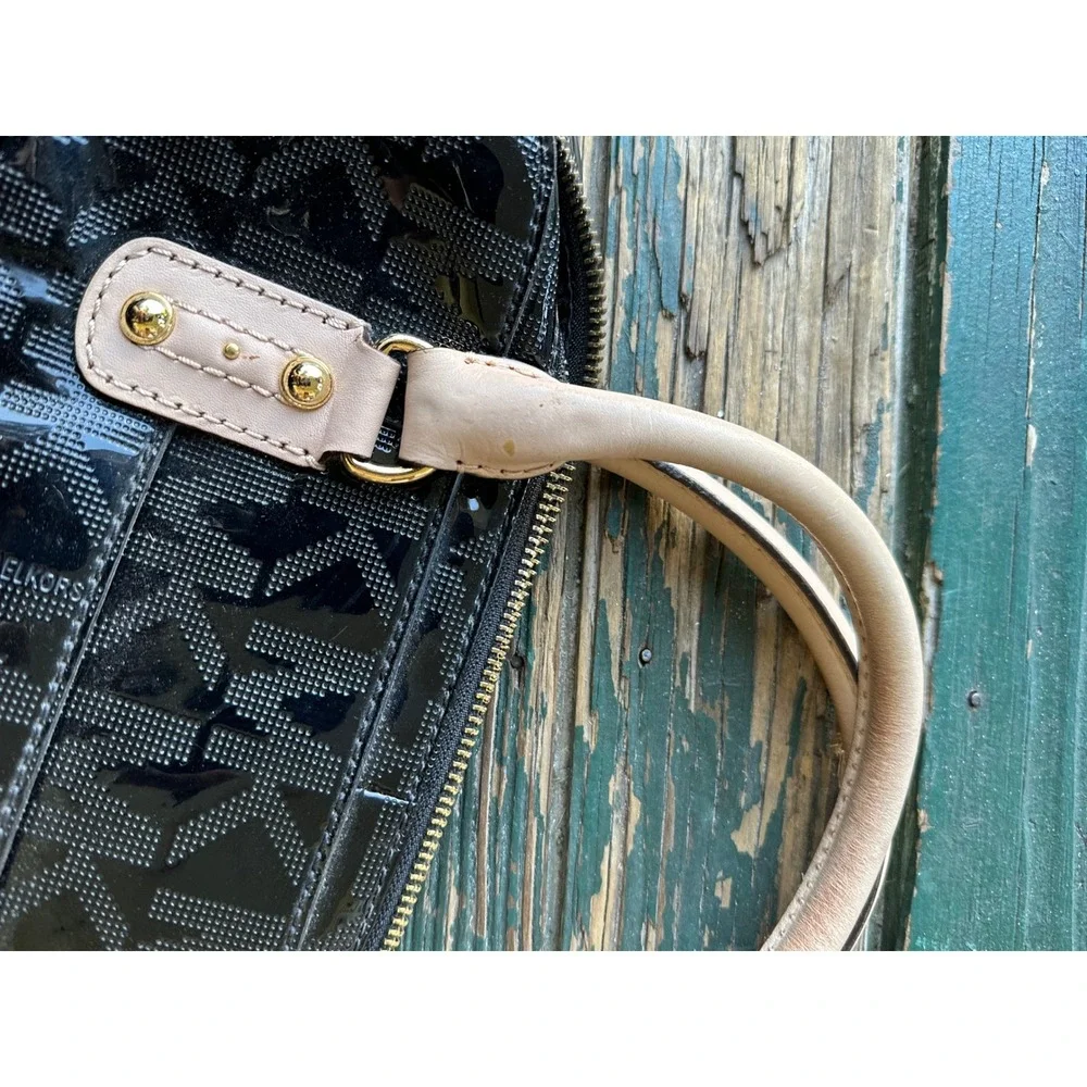 Michael Kors Black Patent MK Monogram Satchel Handbag Gold Hardware A3320
